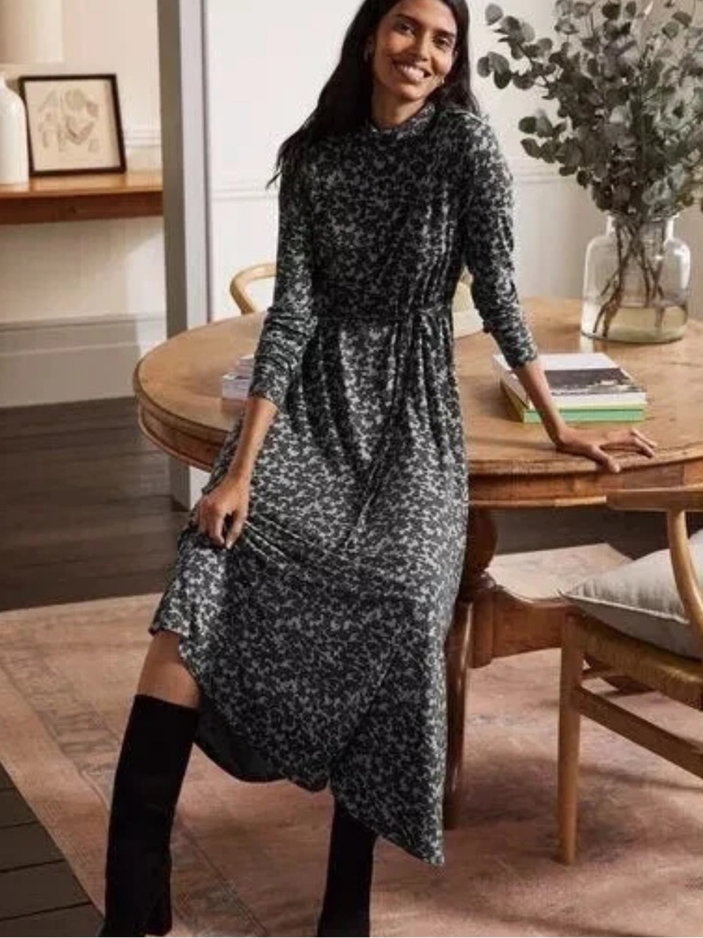 Boden Roll Turtleneck Jersey Maxi Dress Grey Marl Camo Floral